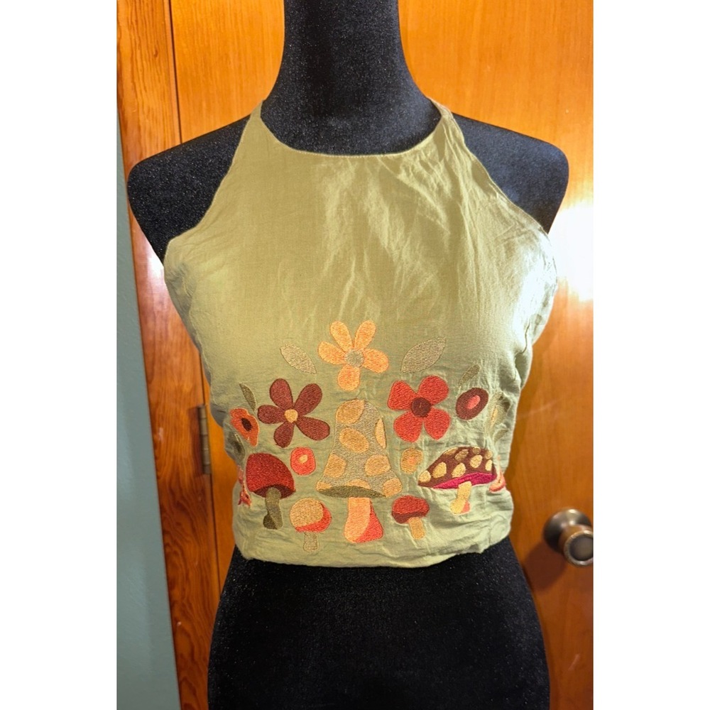 Lakhays Green Mushroom Floral Embroidered Halter Crop Top Boho One Size